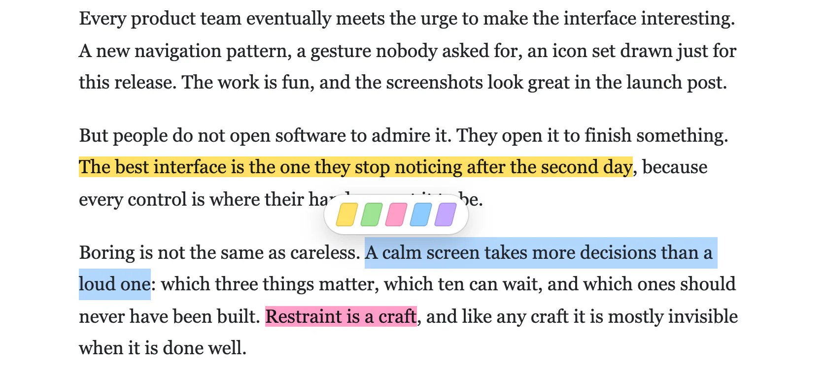 An article with passages highlighted in yellow, blue and pink, and the Page Highlighter toolbar with five color swatches under a selection